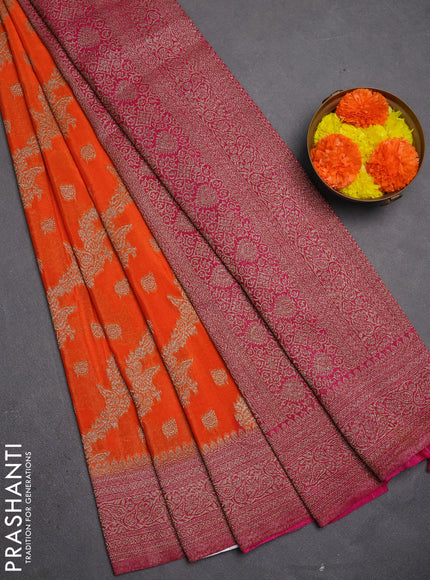 Banarasi semi crepe saree orange and pink with allover thread & zari weaves and woven border