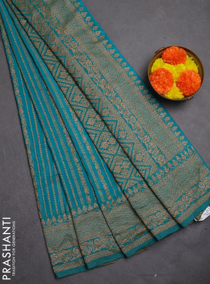 Banarasi semi crepe saree teal green with allover thread & zari weaves and woven border