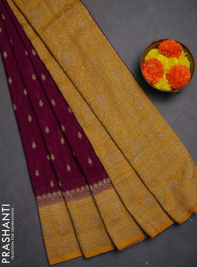 Banarasi semi crepe saree purple and mustard yellow with allover thread & zari woven buttas and woven border