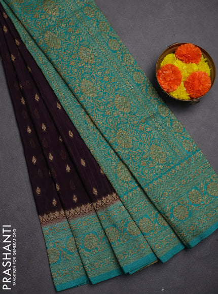 Banarasi semi crepe saree deep wine and teal green with allover thread & zari woven buttas and woven border