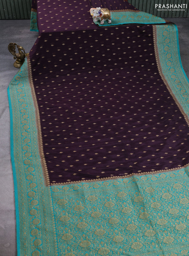 Banarasi semi crepe saree deep wine and teal green with allover thread & zari woven buttas and woven border