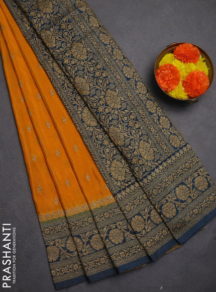 Banarasi semi crepe saree mango yellow and peacock blue with allover thread & zari woven buttas and woven border