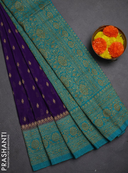 Banarasi semi crepe saree violet and peacock green with allover thread & zari woven buttas and woven border