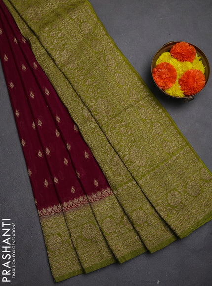 Banarasi semi crepe saree wine shade and mehendi green with allover thread & zari woven buttas and woven border