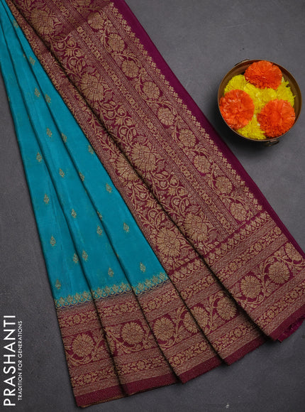 Banarasi semi crepe saree teal blue and wine shade with allover thread & zari woven buttas and woven border