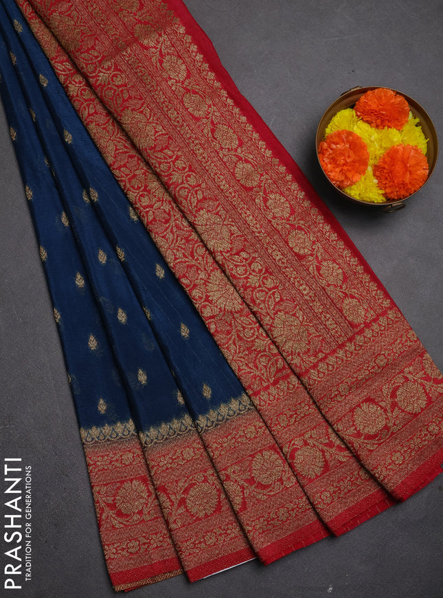 Banarasi semi crepe saree peacocok blue and maroon with allover thread & zari woven buttas and woven border