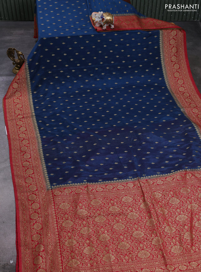 Banarasi semi crepe saree peacocok blue and maroon with allover thread & zari woven buttas and woven border