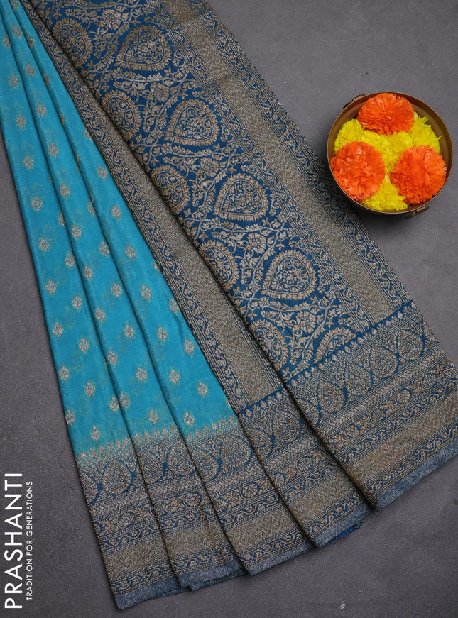 Banarasi semi crepe saree teal blue and peacock blue with allover thread & zari woven buttas and woven border