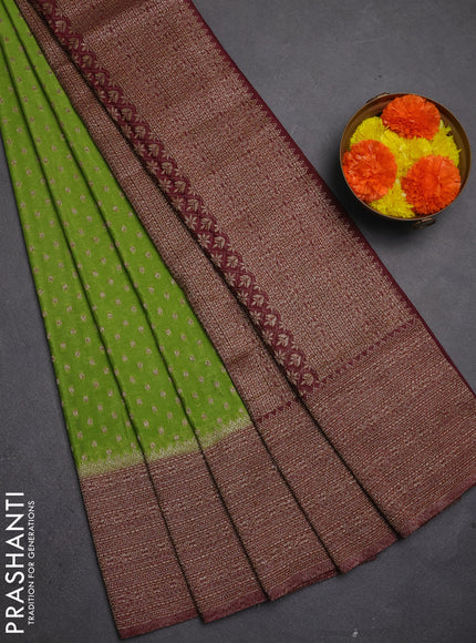 Banarasi semi crepe saree light green and deep maroon with allover thread & zari woven buttas and long woven border