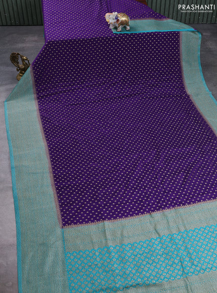 Banarasi semi crepe saree violet and teal green with allover thread & zari woven buttas and long woven border