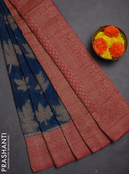 Banarasi semi crepe saree peacock blue and pink with allover thread & zari woven leaf buttas and woven border