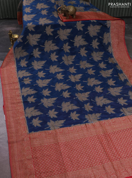 Banarasi semi crepe saree peacock blue and pink with allover thread & zari woven leaf buttas and woven border