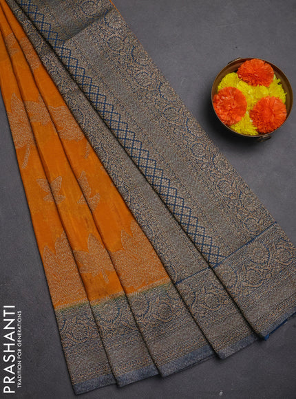 Banarasi semi crepe saree mango yellow and peacock blue with allover thread & zari woven leaf buttas and woven border