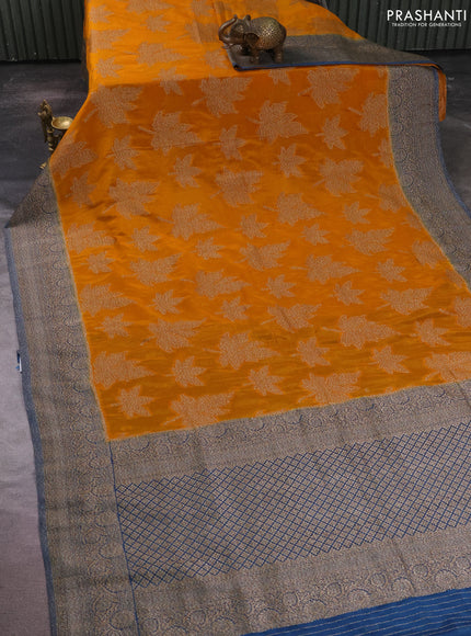 Banarasi semi crepe saree mango yellow and peacock blue with allover thread & zari woven leaf buttas and woven border