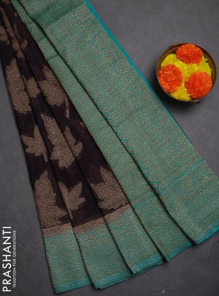 Banarasi semi crepe saree deep wine shade and teal green with allover thread & zari woven leaf buttas and woven border