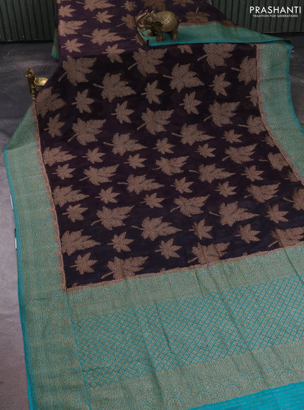 Banarasi semi crepe saree deep wine shade and teal green with allover thread & zari woven leaf buttas and woven border