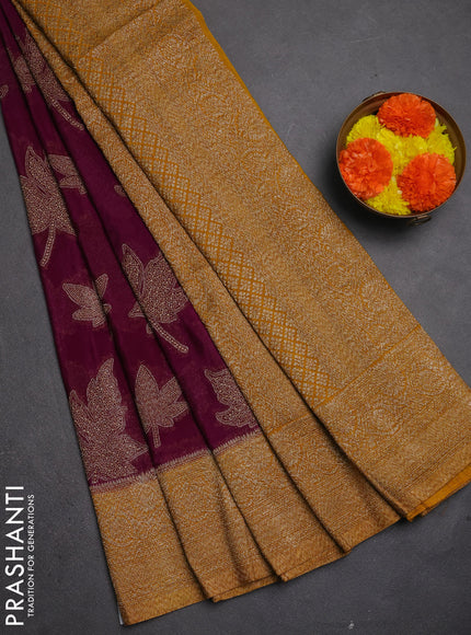 Banarasi semi crepe saree purple and mustard yellow with allover thread & zari woven leaf buttas and woven border
