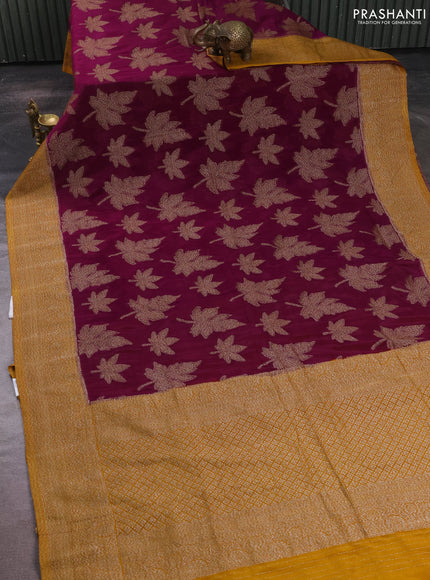 Banarasi semi crepe saree purple and mustard yellow with allover thread & zari woven leaf buttas and woven border