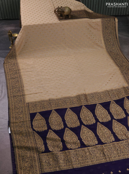Banarasi semi crepe saree beige and navy blue with allover thread & zari woven buttas and woven border