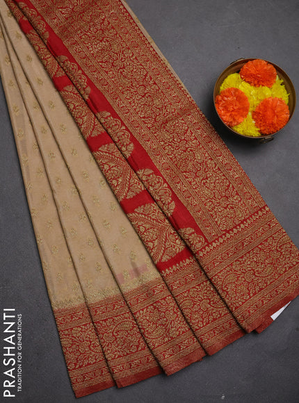 Banarasi semi crepe saree beige and red with allover thread & zari woven buttas and woven border