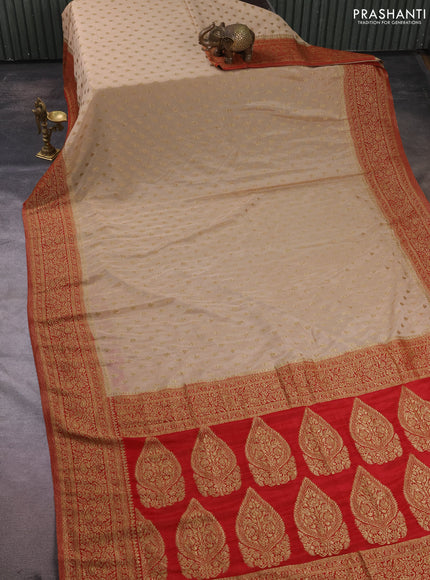 Banarasi semi crepe saree beige and red with allover thread & zari woven buttas and woven border