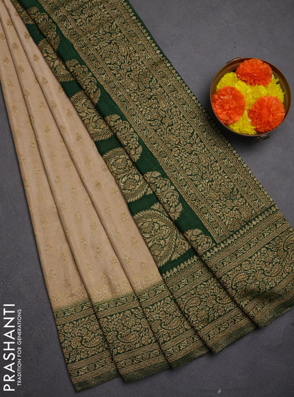 Banarasi semi crepe saree beige and bottle green with allover thread & zari woven buttas and woven border