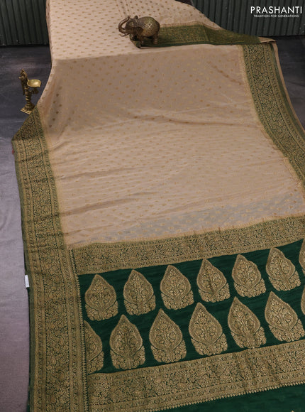 Banarasi semi crepe saree beige and bottle green with allover thread & zari woven buttas and woven border