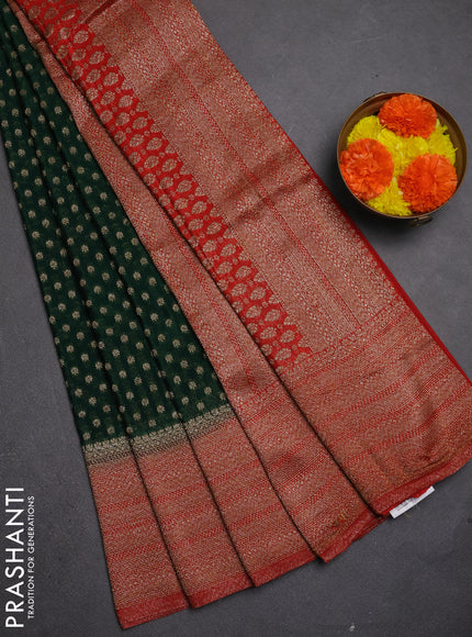 Banarasi semi crepe saree bottle green and red with allover thread & zari woven buttas and long woven border