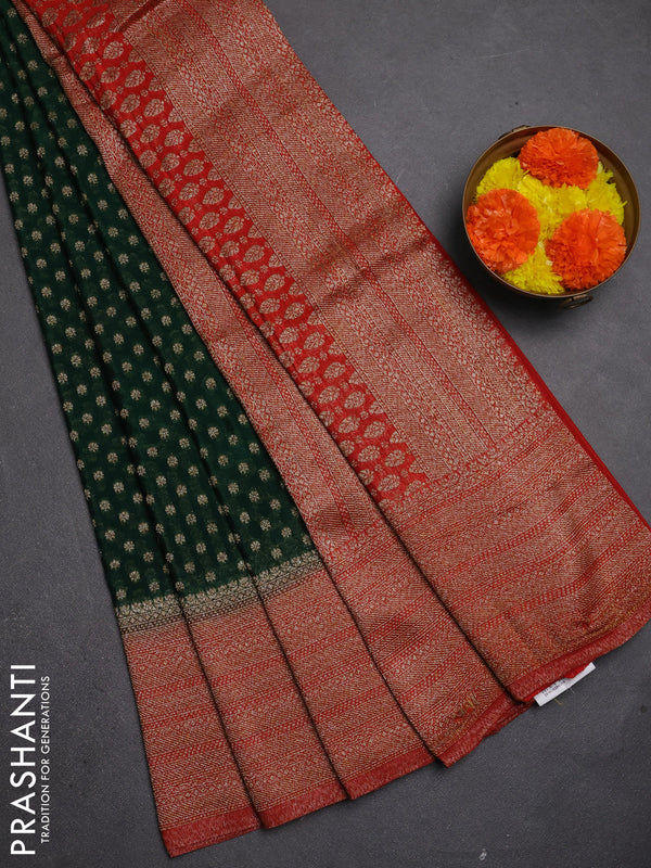 Banarasi semi crepe saree bottle green and red with allover thread & zari woven buttas and long woven border