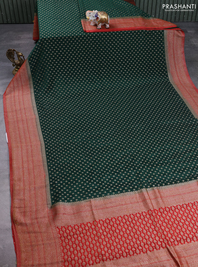 Banarasi semi crepe saree bottle green and red with allover thread & zari woven buttas and long woven border