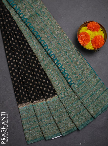 Banarasi semi crepe saree black and teal green with allover thread & zari woven buttas and long woven border
