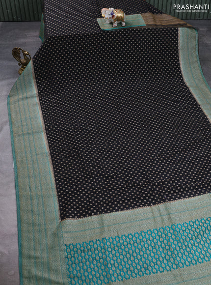 Banarasi semi crepe saree black and teal green with allover thread & zari woven buttas and long woven border