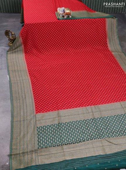 Banarasi semi crepe saree red and bottle green with allover thread & zari woven buttas and long woven border