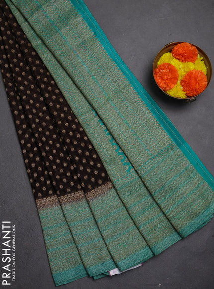 Banarasi semi crepe saree deep coffee brown and teal green with allover thread & zari woven buttas and long woven border