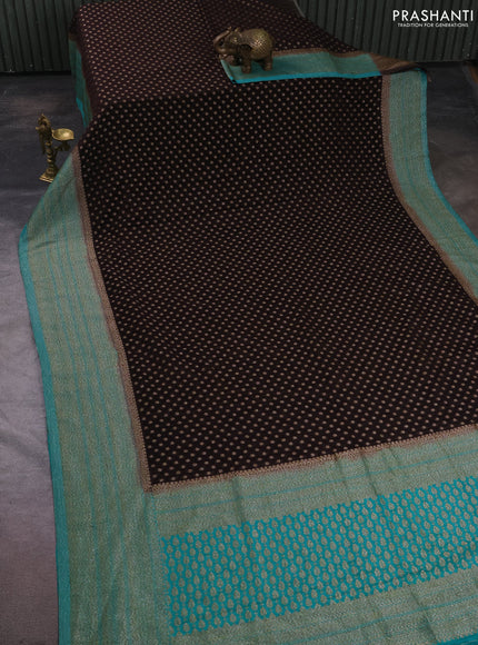 Banarasi semi crepe saree deep coffee brown and teal green with allover thread & zari woven buttas and long woven border