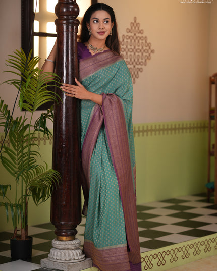 Banarasi semi crepe saree pastel green and purple with allover thread & zari woven buttas and long woven border