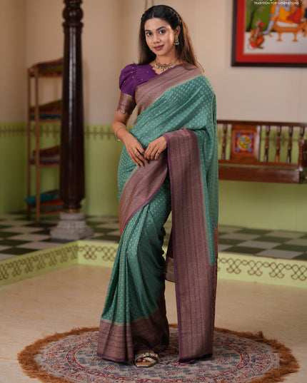 Banarasi semi crepe saree pastel green and purple with allover thread & zari woven buttas and long woven border