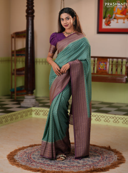 Banarasi semi crepe saree pastel green and purple with allover thread & zari woven buttas and long woven border
