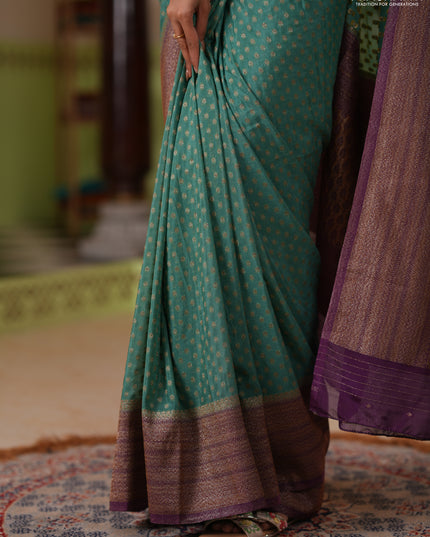Banarasi semi crepe saree pastel green and purple with allover thread & zari woven buttas and long woven border