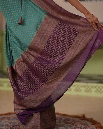 Banarasi semi crepe saree pastel green and purple with allover thread & zari woven buttas and long woven border