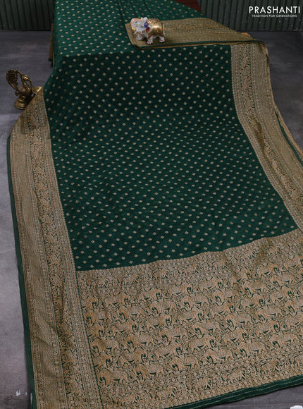 Banarasi semi crepe saree bottle green with allover thread & zari woven buttas and long woven border