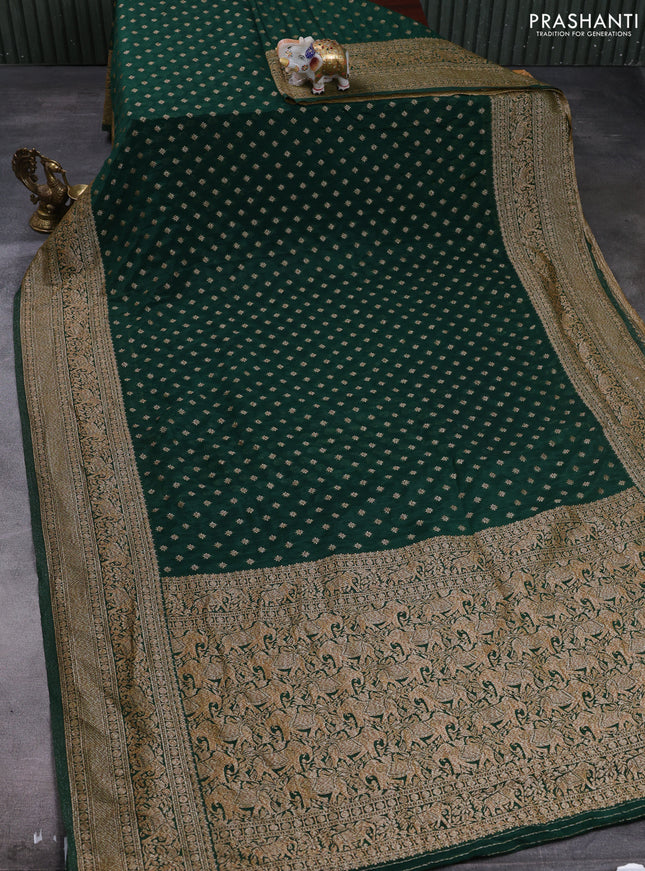 Banarasi semi crepe saree bottle green with allover thread & zari woven buttas and long woven border