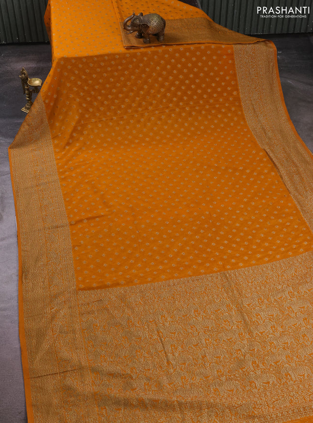 Banarasi semi crepe saree mango yellow with allover thread & zari woven buttas and long woven border