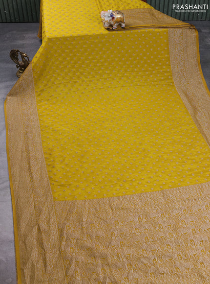 Banarasi semi crepe saree mustard yellow with allover thread & zari woven buttas and long woven border