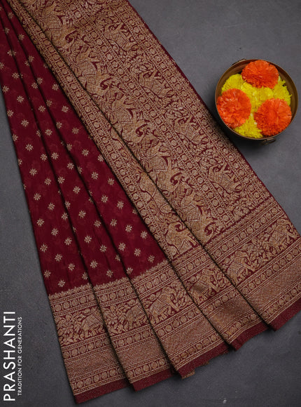 Banarasi semi crepe saree wine shade with allover thread & zari woven buttas and long woven border