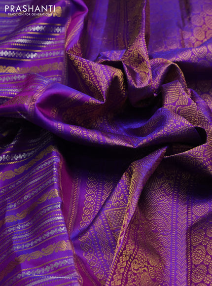 Pure kanchipuram silk saree dual shade of purple with allover silver & gold zari woven veldhari weaves and annam zari woven border