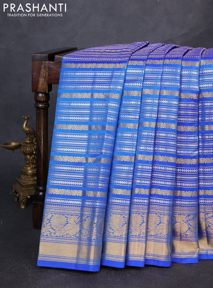 Pure kanchipuram silk saree blue with allover silver & gold zari woven veldhari weaves and annam zari woven border