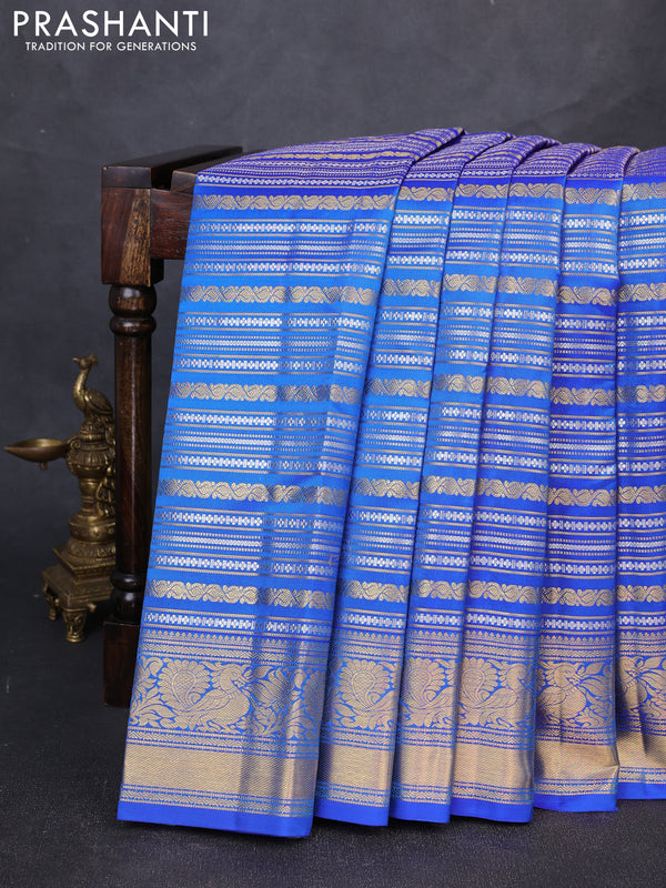Pure kanchipuram silk saree blue with allover silver & gold zari woven veldhari weaves and annam zari woven border