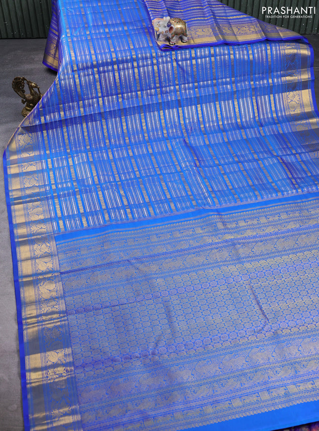 Pure kanchipuram silk saree blue with allover silver & gold zari woven veldhari weaves and annam zari woven border