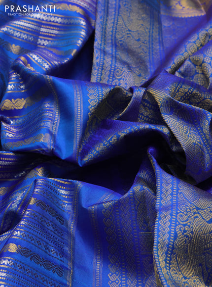 Pure kanchipuram silk saree blue with allover silver & gold zari woven veldhari weaves and annam zari woven border